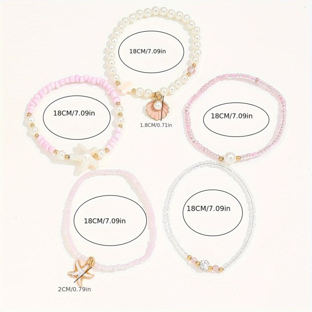 5 delni boho set zapestnic v roza barvi s školjkami