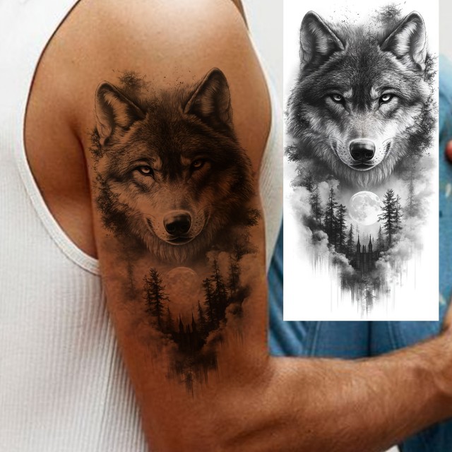 Moška tattoo nalepka z volkom v gozdu