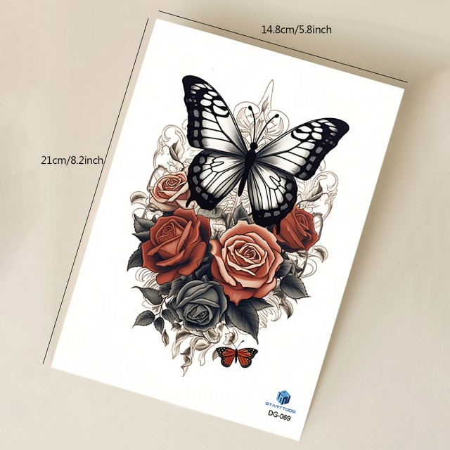 Vodoodporna začasna tatu nalepka, 3D večbarvni dizajn vrtnic in metuljev