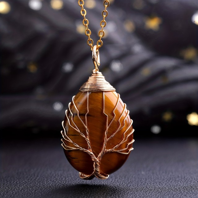 Ogrlica z naravnim kamnom in z življenjskim drevesom 