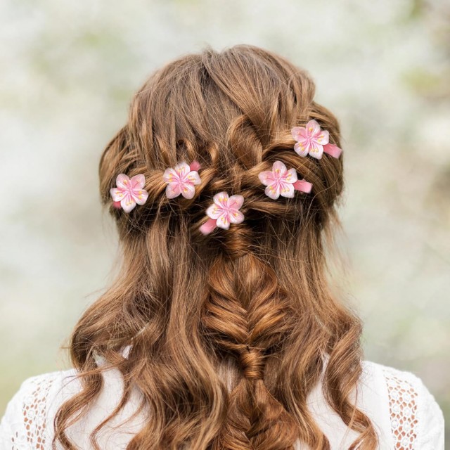 Komplet 5 sponkic za lase z roza rožami