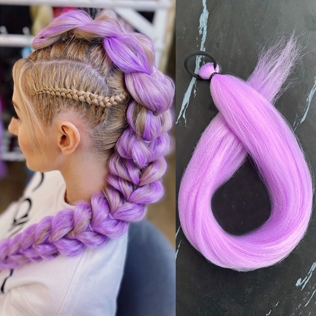 Podaljšek za lase v čopu – svetlo vijola barva, dolžina 76 cm