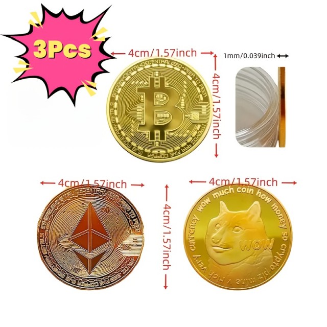 Set 3 kovancev - Bitcoin kovanec, Etherium kovanec in Dogecoin kovanec