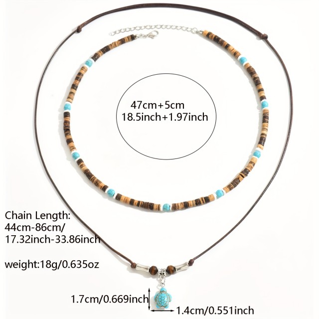 Dvodelna moška ogrlica z lesenimi perlami in želvo