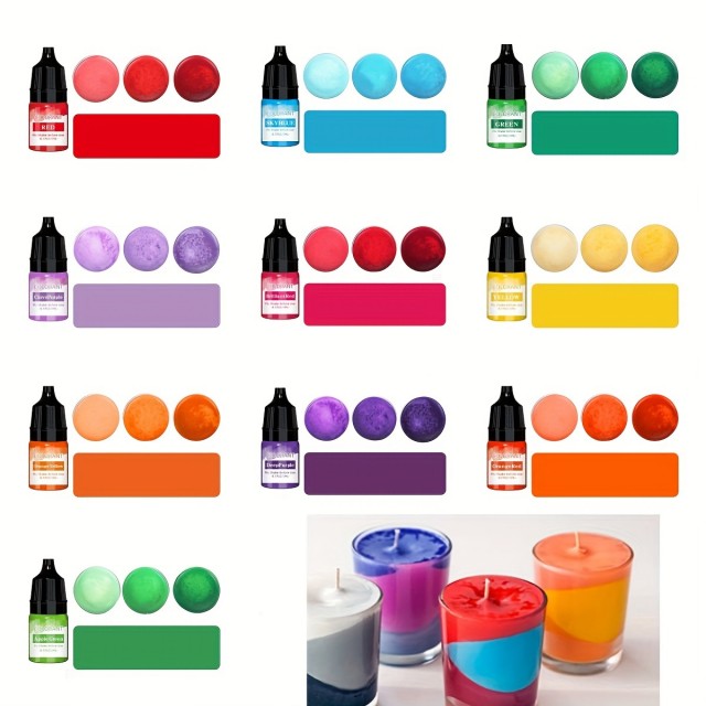 Komplet 10 stekleničk s tekočimi barvami za sveče 5ml