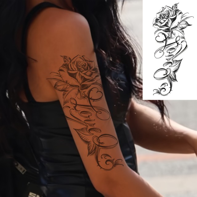 Začasna tattoo nalepka - tetovaža z rožo in napisom LOVE