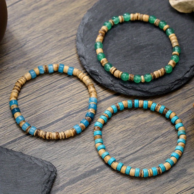 Komplet 3 moških zapestnic iz naravnega kamna in lesa s kokosovo lupino