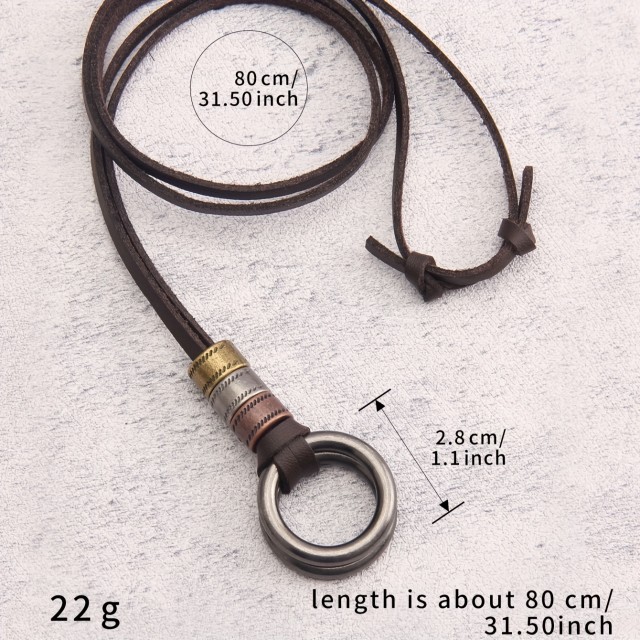 Moška usnjena ogrlica z obeskom v obliki obroča