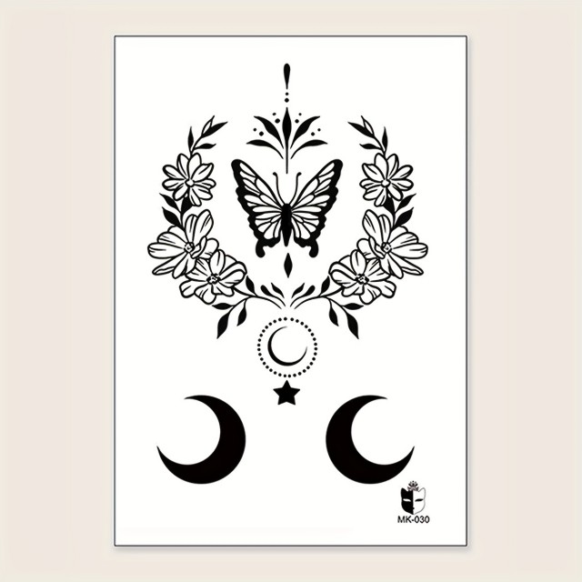 Začasna tattoo nalepka s črnim metuljem in polmesecem 