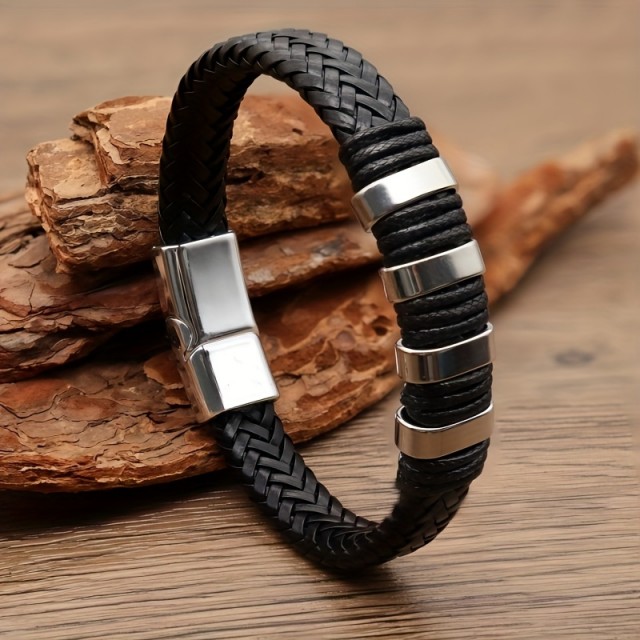 Moška pletena zapestnica s 4 kovinskimi ploščicami