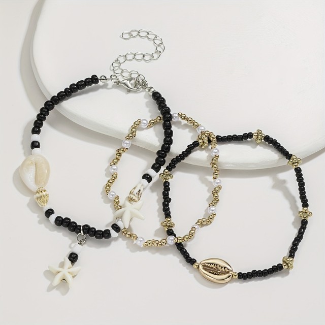 3 delni komplet zapestnic za nogo s črnimi perlami in školjkami