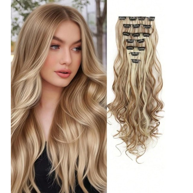 7-delni set lasnih podaljškov – valoviti, svetlo blond prameni 