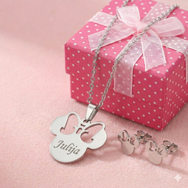 Personaliziran komplet z ogrlico in uhani Miki Mouse ter gravuro po želji 