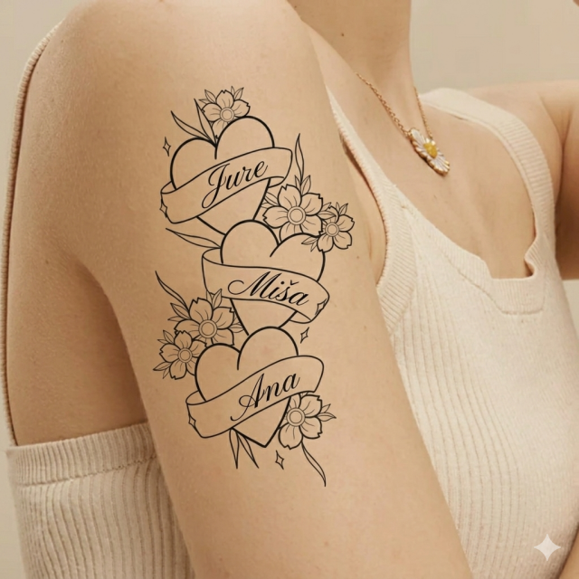 Personalizirana tatu nalepka s srci in imeni družine
