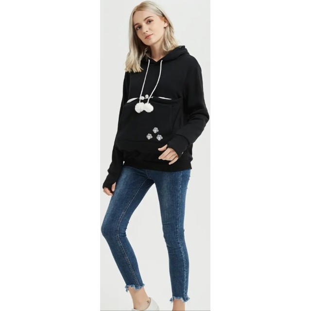 Pulover s kapuco in uhlji, črna muca