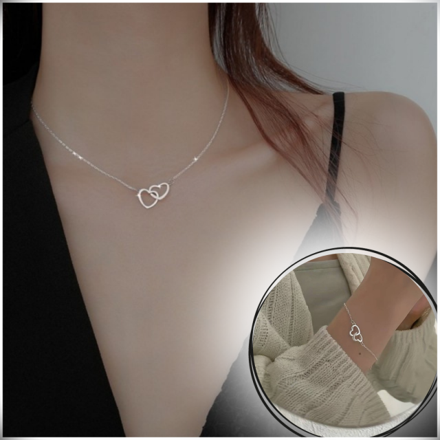 Komplet verižica in zapestnica v srebrni barvi, dvojno srce