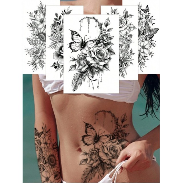 Komplet 5 večjih tattoo nalepk z metulji in rožami