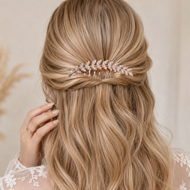 Elegantni lasni glavnik z bleščečimi kristali – motiv listka rose barva 
