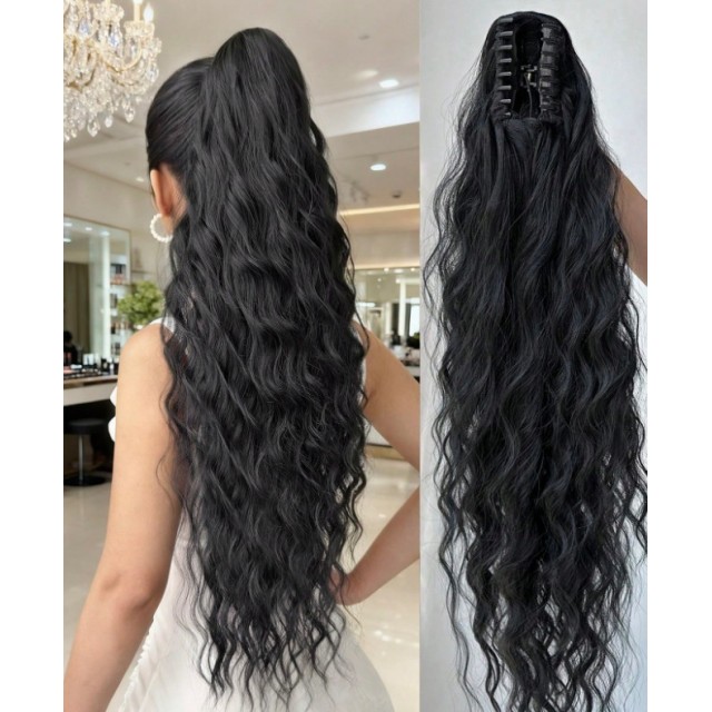 Čop na klipsno – dolg valovit črn 