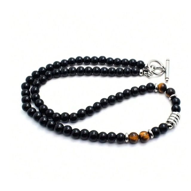 Moška verižica iz naravnega kamna – tigrovo oko & črni oniks