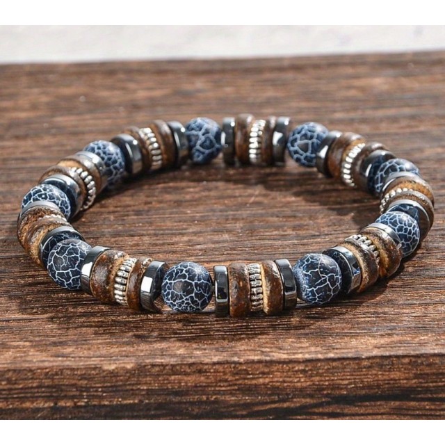 Moška zapestnica iz naravnih kamnov – modri ahat & leseni detajli