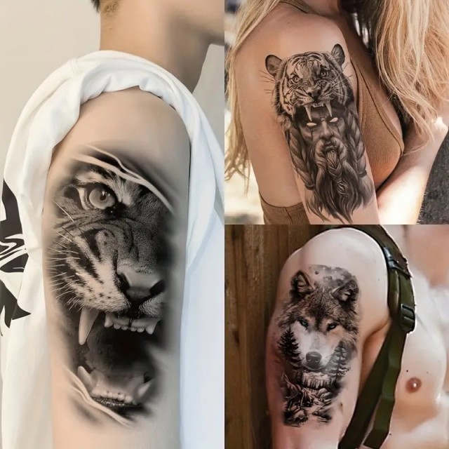 Komplet 4 moških tattoo nalepk s tigrom in volkom