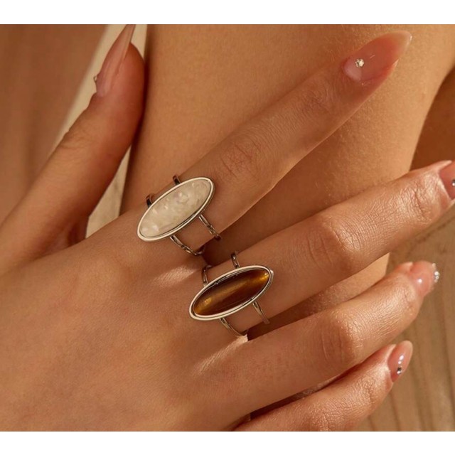 Nastavljiv odprt srebrn prstan s kamnom 2 barvi