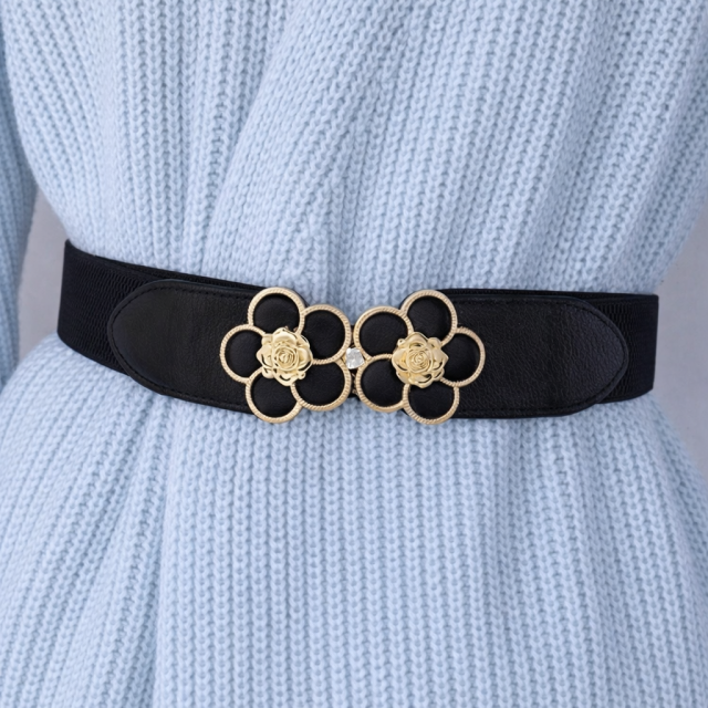 Ženski črni elastični pas z motivom dveh rož