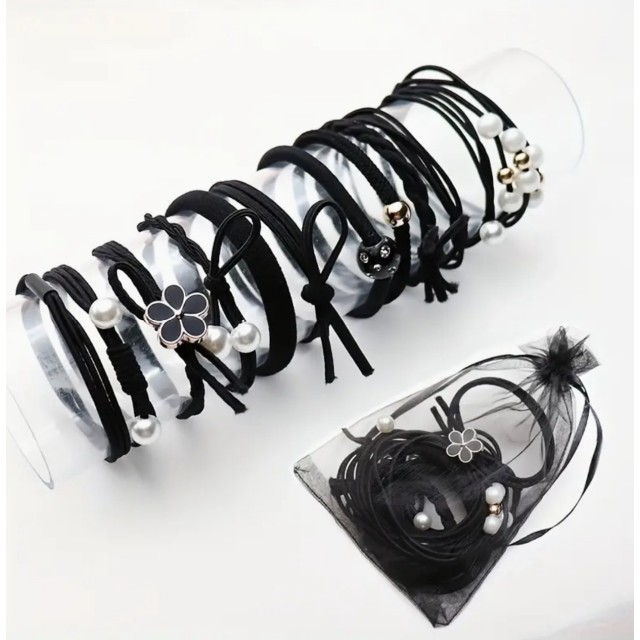 Komplet 12 elastičnih gumic za lase v črni barvi