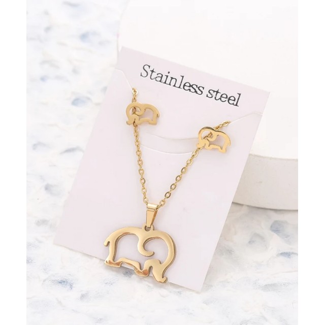 Komplet v zlati barvi z uhani in verižico, slon