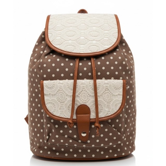 Nahrbtnik črn s pikicami in čipko, rjav