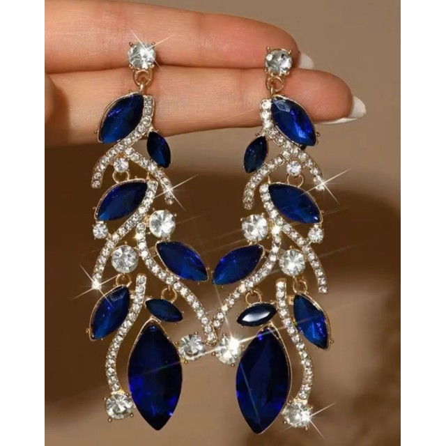 Bleščeči uhani v temno modri barvi s kristalčki 