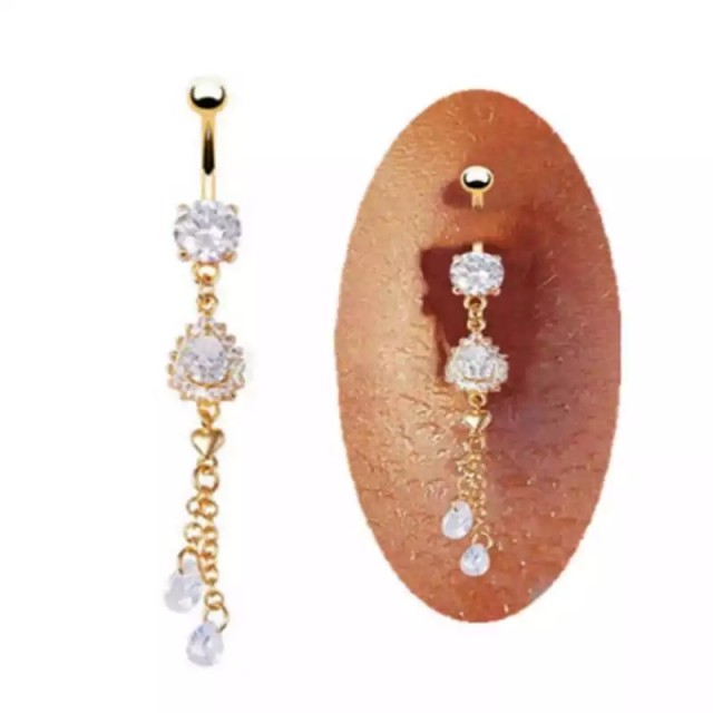 Daljši viseč zlat uhan za popek zlate barve