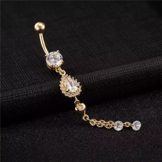 Daljši viseč zlat uhan za popek zlate barve