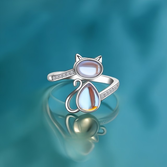 Nastavljiv prstan v obliki mačke z mesečevim kamnom