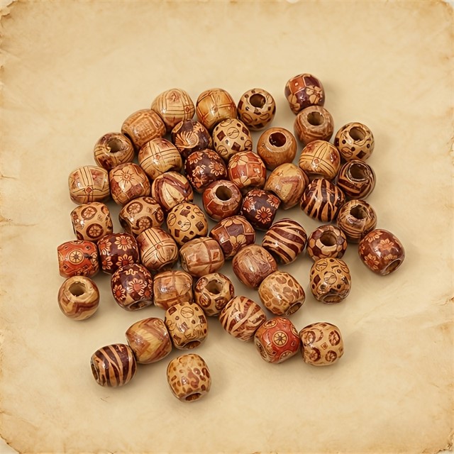 Okrogle lesene perle z etno vzorcem – 50 kosov