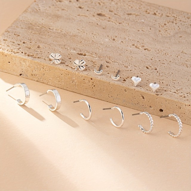 Eleganten komplet 6 parov uhanov srebrne barve