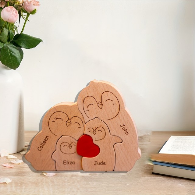 Personalizirana lesena sestavljanka s pingvini VAŠA DRUŽINA