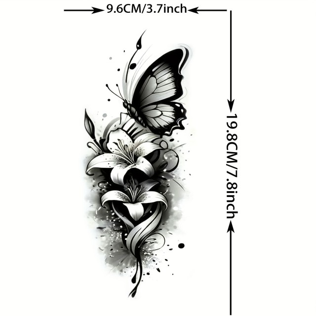 Začasna tattoo nalepka s črnim metuljem in lilijami