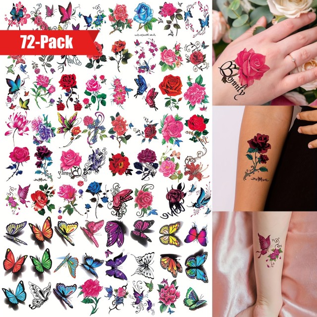 Komplet 72 3D barvitih metuljev in cvetličnih začasnih tetovažnih nalepk