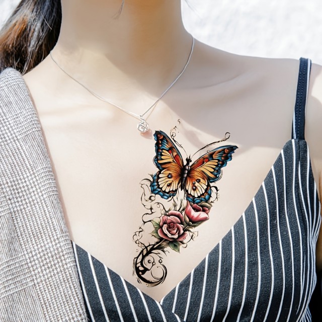 Barvna tatu nalepka z metuljem in rožami