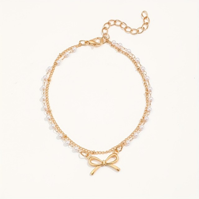 Dvodelni komplet zapestnice za nogo z zlato pentljo in perlicami