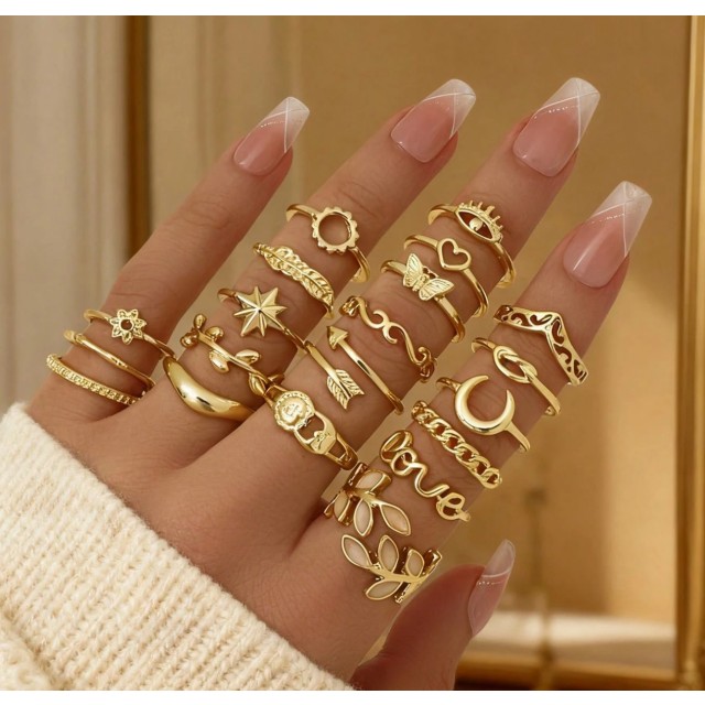 Komplet 20 ženskih prstanov v zlati barvi