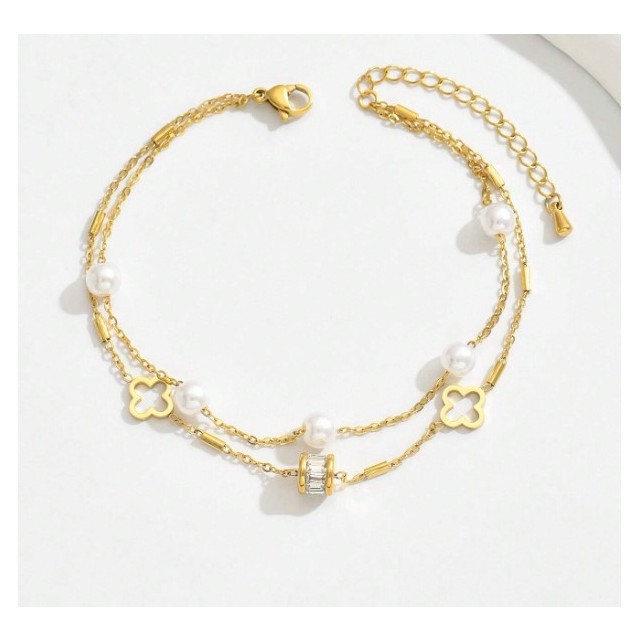 Dvojna zapestnica s perlicami in rožicami zlata 