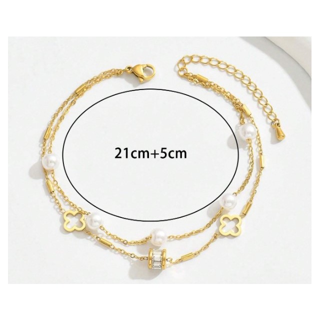 Dvojna zapestnica s perlicami in rožicami zlata 