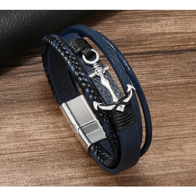 Temno modra usnjena zapestnica s sidrom