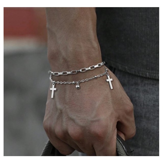 Moška zapestnica s križem – dvojna verižica iz nerjavečega jekla