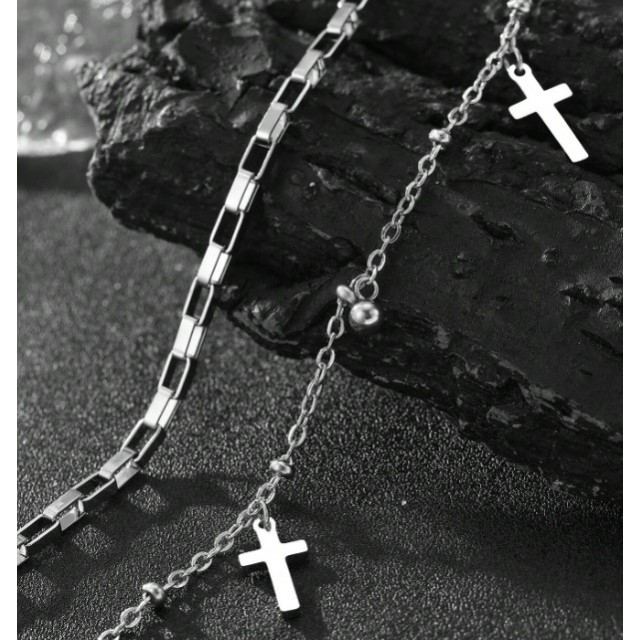 Moška zapestnica s križem – dvojna verižica iz nerjavečega jekla