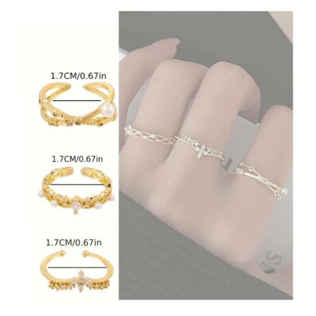 Komplet 3 nastavljivih prstanov srebrne ali zlate barve