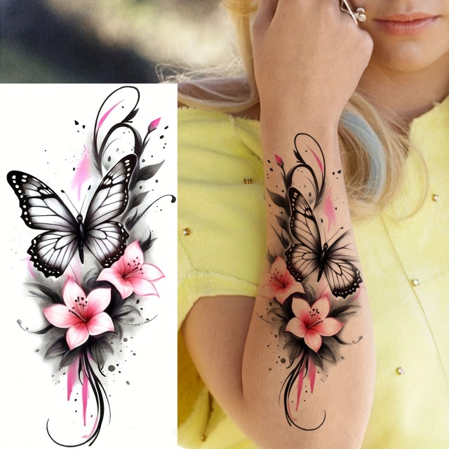 Vodoodporna tatu nalepka z motivom lilij in metulja